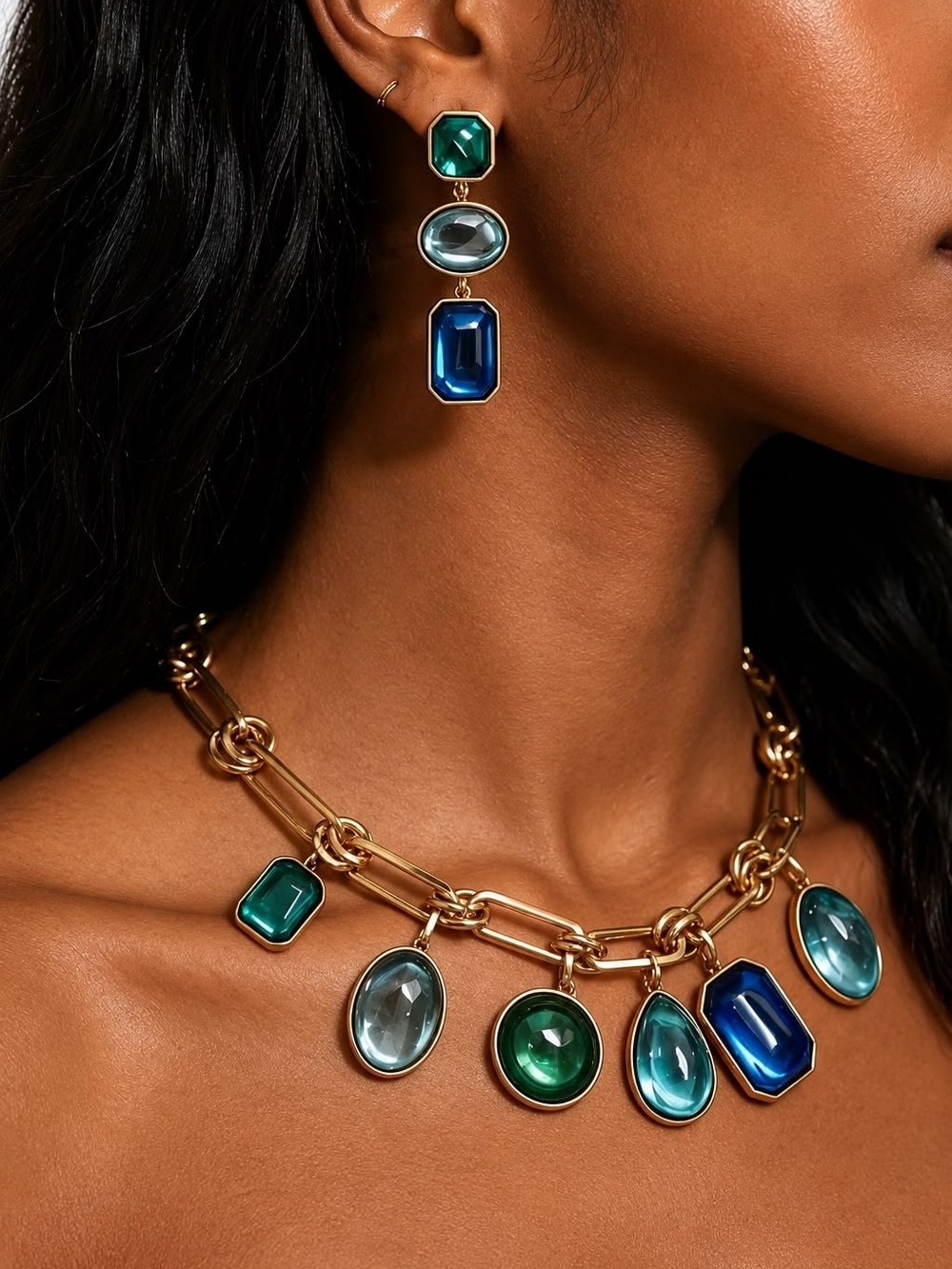 Gold Chain Necklace and Drop Earrings Set with Blue and Green Gemstones